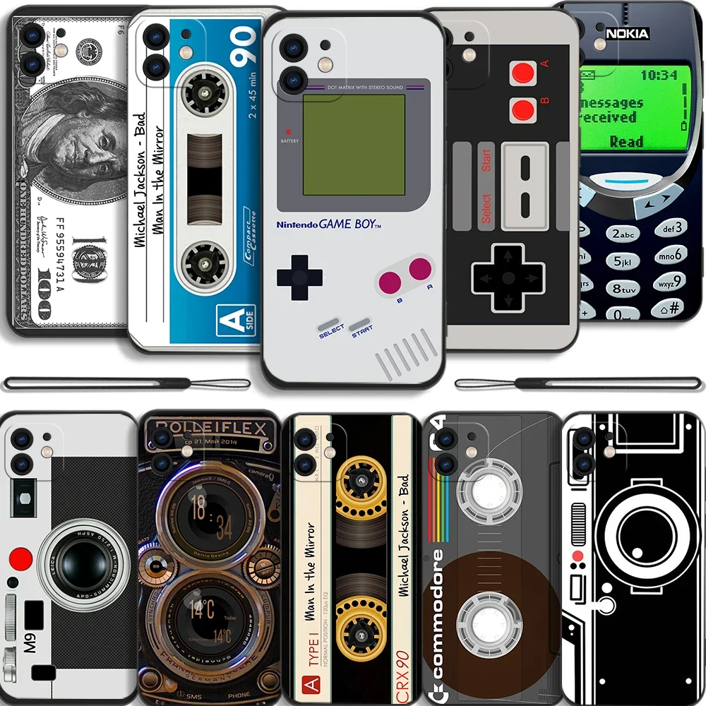 Vintage Tape Camera Gameboy Phone Case For iPhone 15 13 11 12 14 Pro Max Mini XR XS SE20 8 7 Plus Silicone Cases with Hand Strap