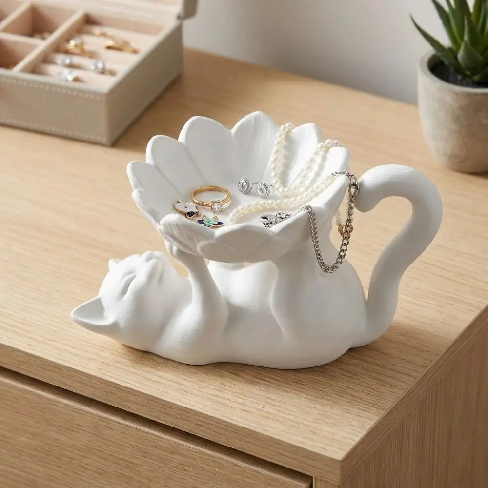 3D Printed Cat Lotus Jewelry Tray Cat Holding Lotus Cartoon Ring Storage Holder Waterproof Stable Base Cat Decor Storage Statue