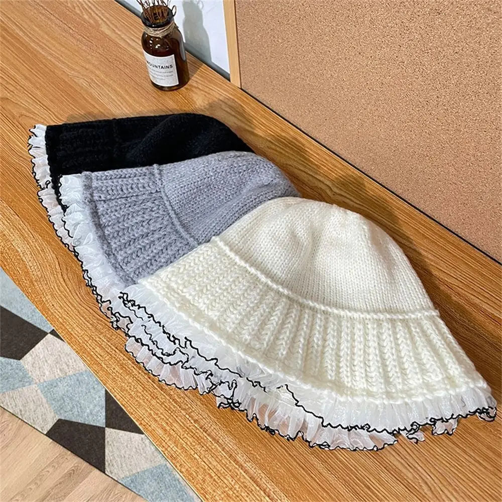 New Keep Warm Bucket Hat Knitted Big Brim Basin Cap Windproof Coldproof Lace Ear Protection for Women Girls