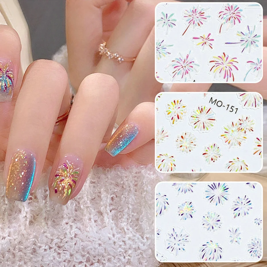 Colourful Fireworks Nail Art Stickers Shell Light Embossed Gorgeous Fireworks Nail Stickers New Year Decals Nail Supplies MO-150