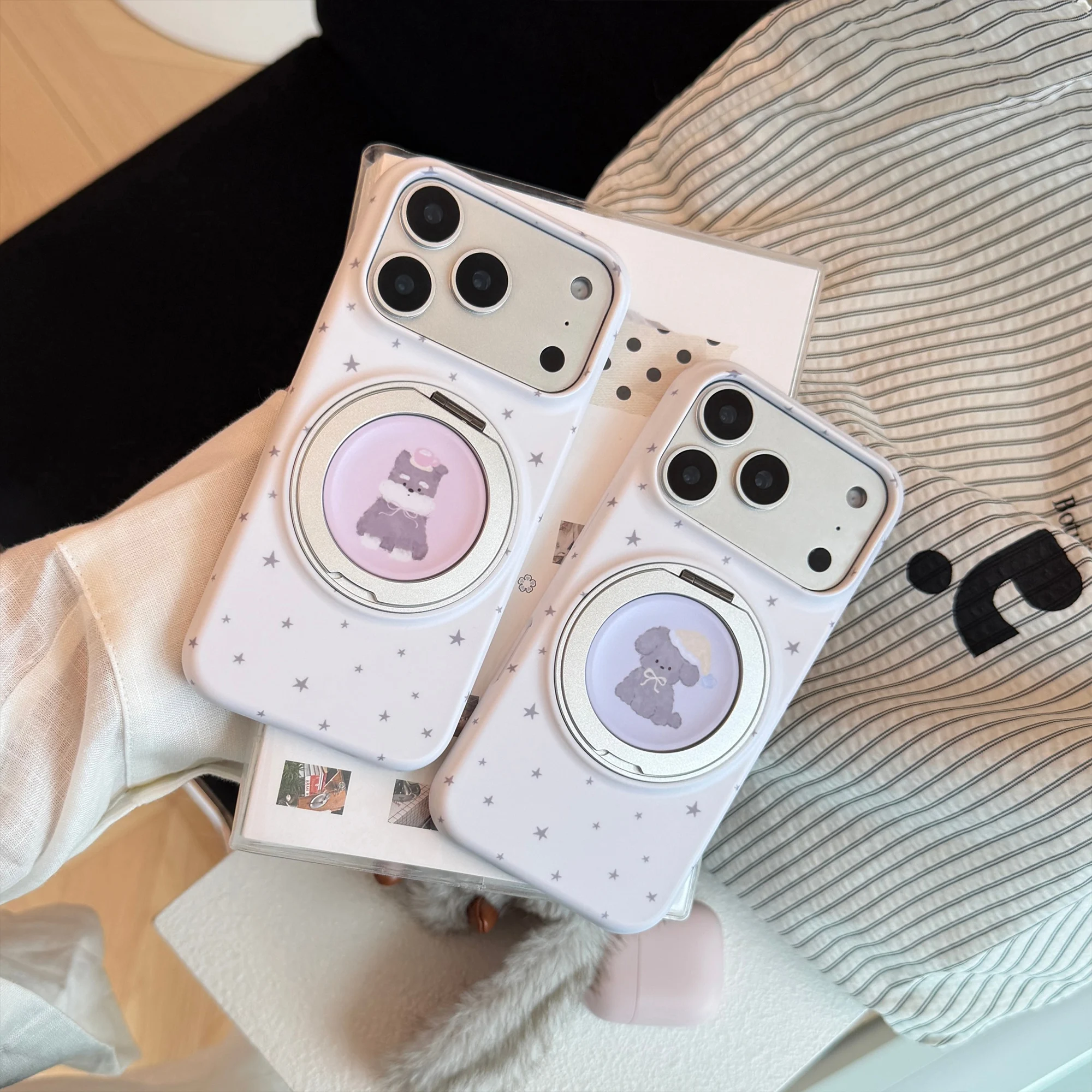 Cute Purple Pink Puppy Star Pattern White Matte Cover Case For iPhone 17 16 15 14 13 Pro Max with 360° Rotation Holder