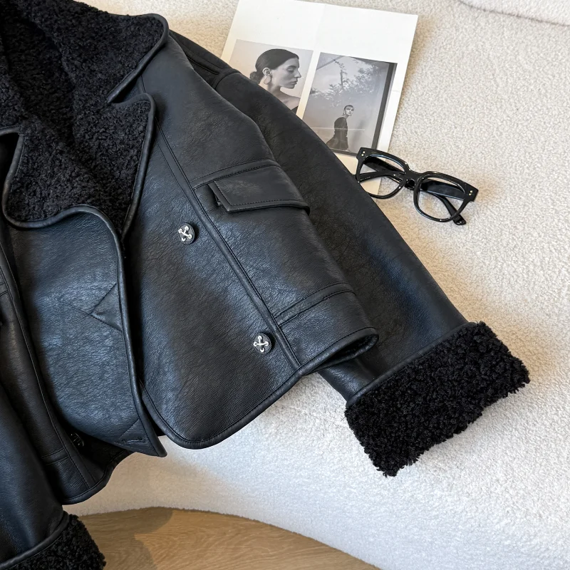 Giacca in Pelle Bla con Pelliccia per Donna, Stile Invernale Coreano, Abbigliamento da Moto, Top Premium per Signore