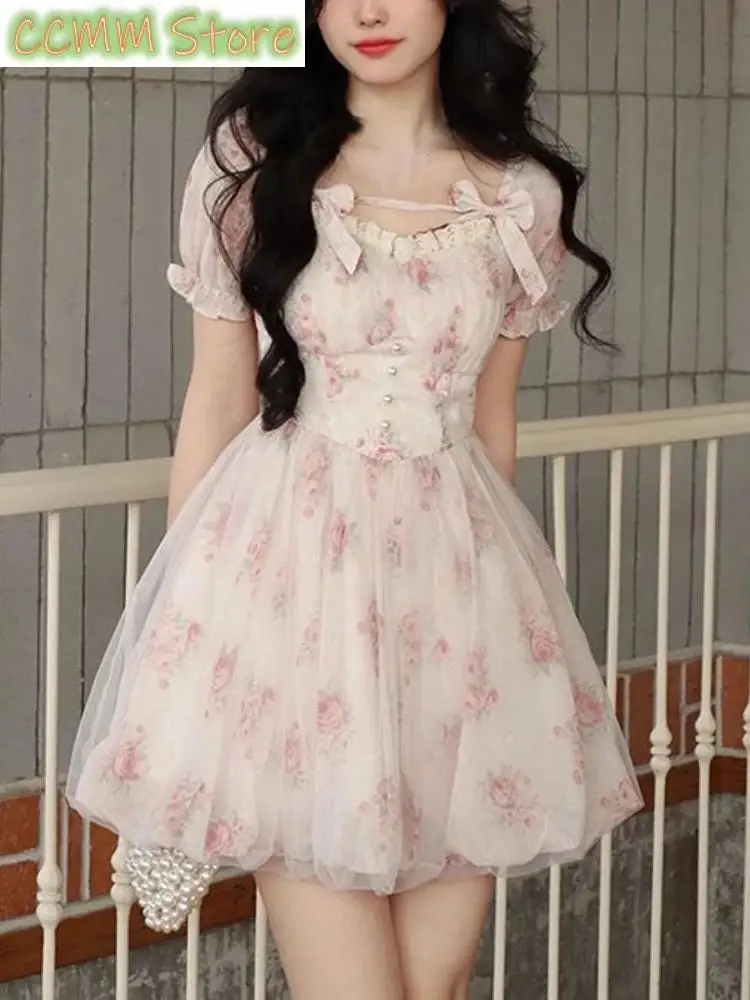 

Sweet Floral Fairy Mini Dress Summer Kawaii Puff Sleeve Mesh Spliced Birthday Dresses Women Fashion A-line Vestidos Lady Clothes