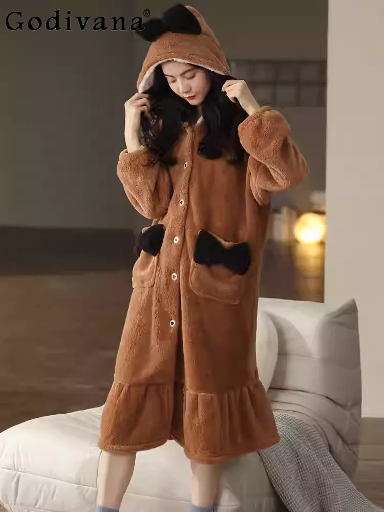 

Милая милая женская осенне-зимняя новая длинная ночная рубашка из кораллового флиса с утолщенным бантом, свободная удобная пижама с капюшоном для снижения возраста