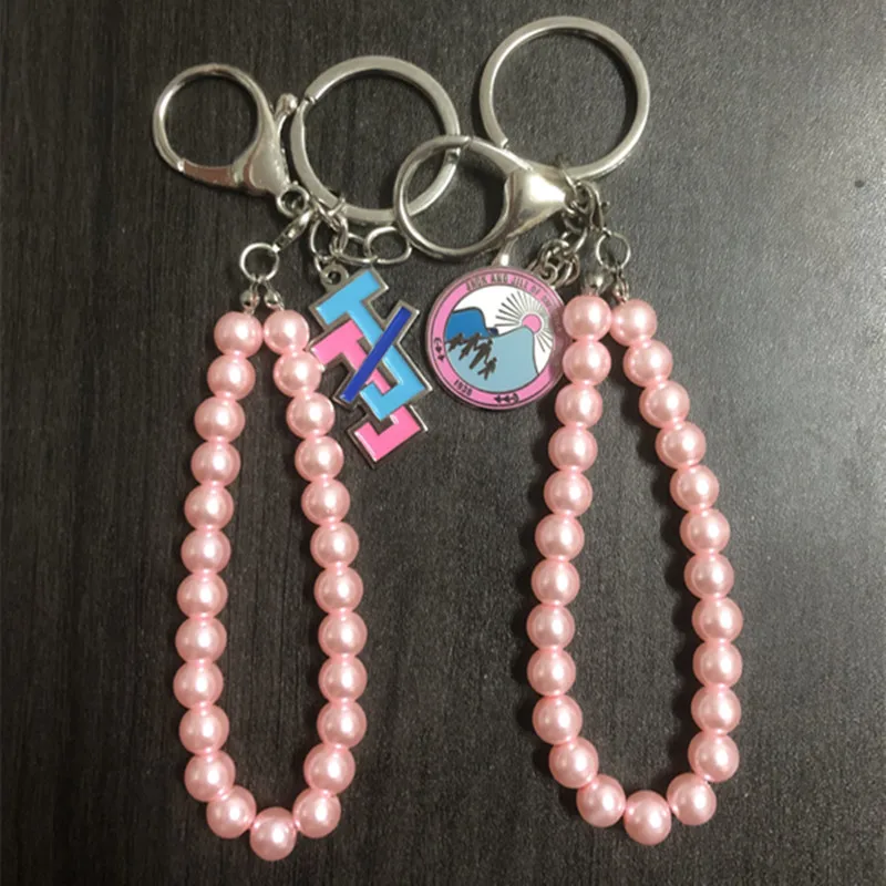 Jack Jill Of America Charm Pink Glass Pearl Keychain OKC39 DIY Bag Greek Fraternity Sorority JJOA KeyRing Dropship 1Pcs