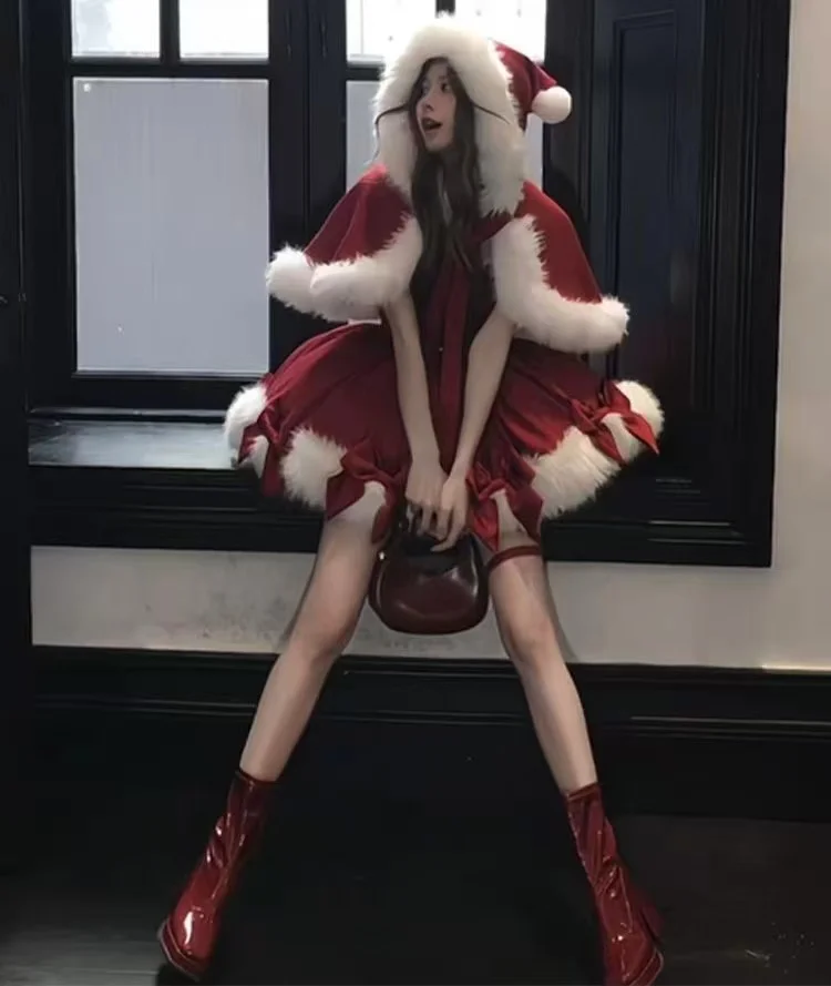 

Festive Red Lolita Dress Women's Christmas Plush Edge Hooded Cloak Dress Full Set Carnival Event Cosplay Costume Couples Outfits