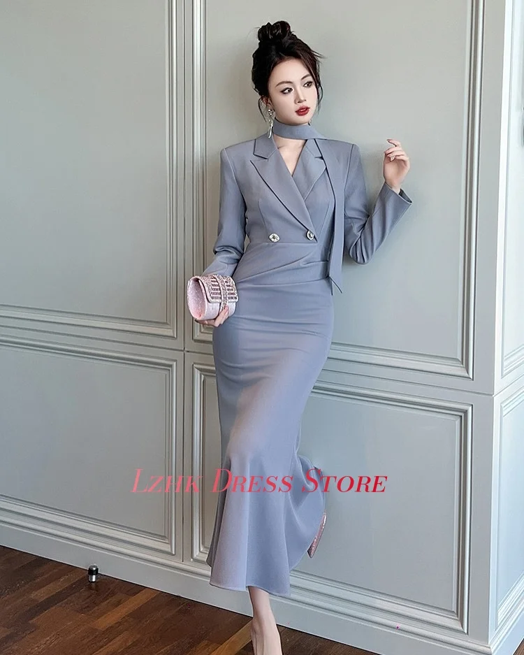 Vestido de noche con cintas y botones de sirena, Jersey Formal personalizado, mangas largas delicadas, cuello en V, longitud del té, vestidos para ocasiones a medida