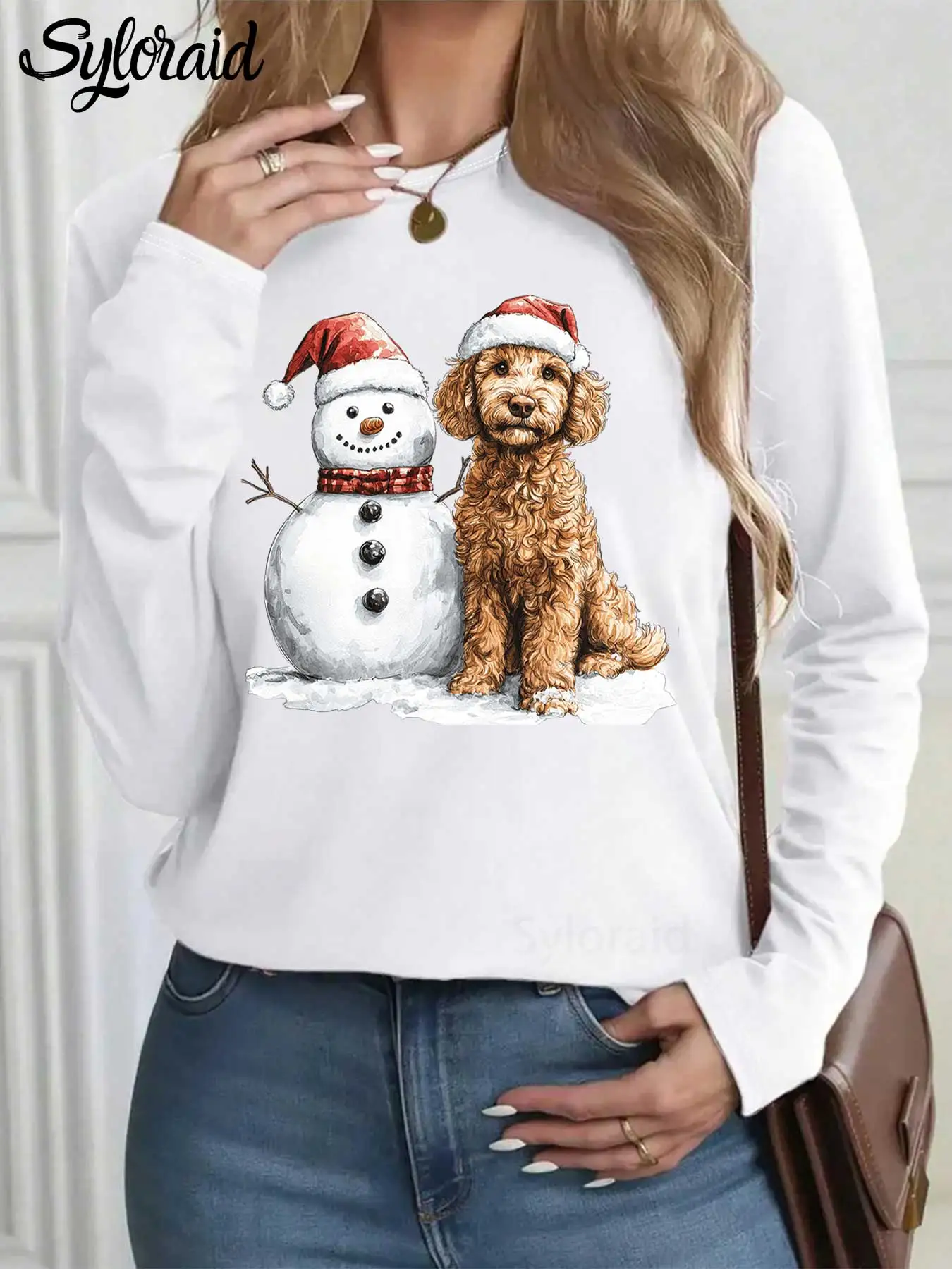 تي شيرت نسائي بأكمام طويلة تي شيرت كريسماس جولدندوودل ورجل الثلج جرافيك تي شيرت كاجوال برقبة دائرية #1