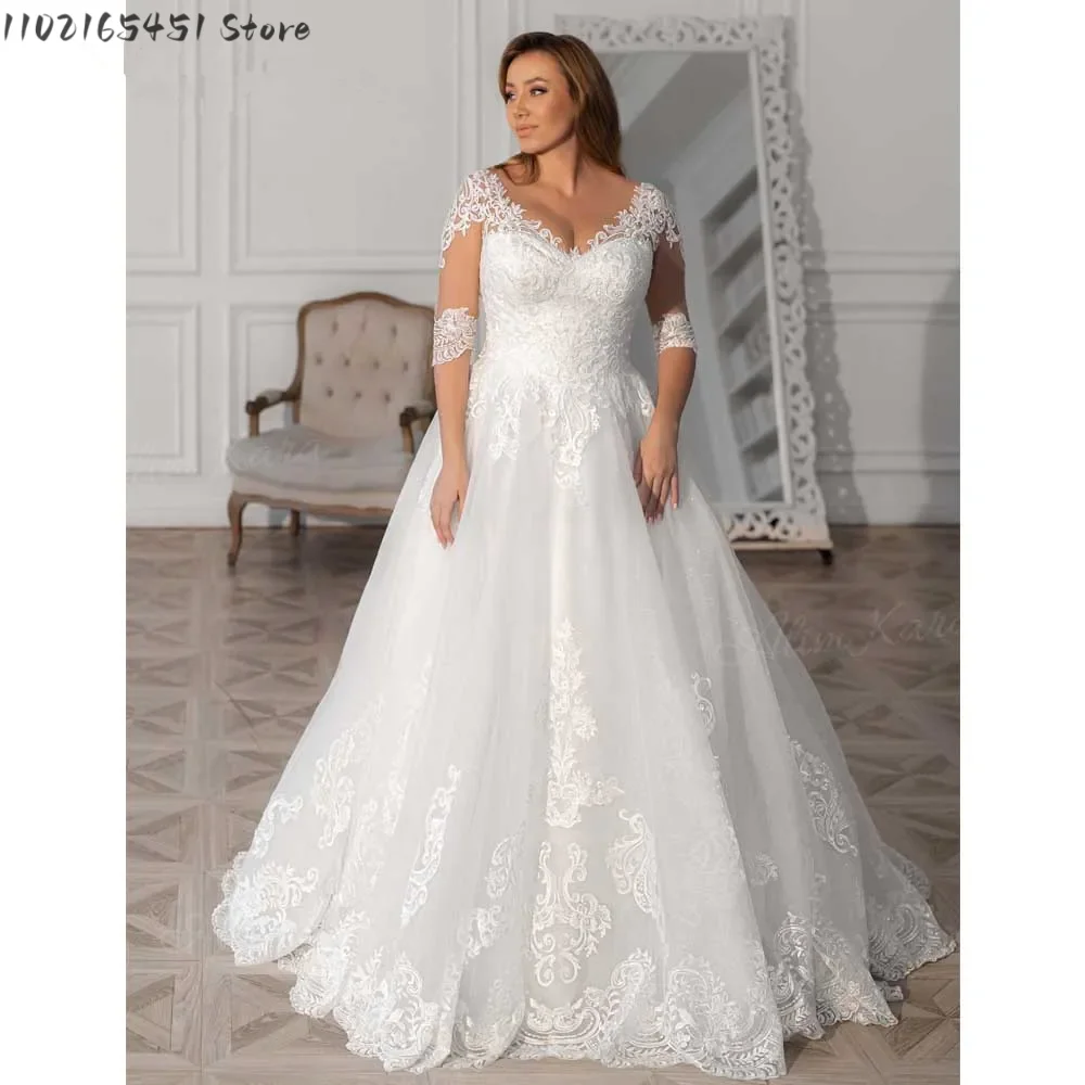 Elegant Wedding Dress Half Sleeve 2023 Lace Appliques A-Line Bridal Gown Princes Big Size Bride Dress Court Vestido De Novia