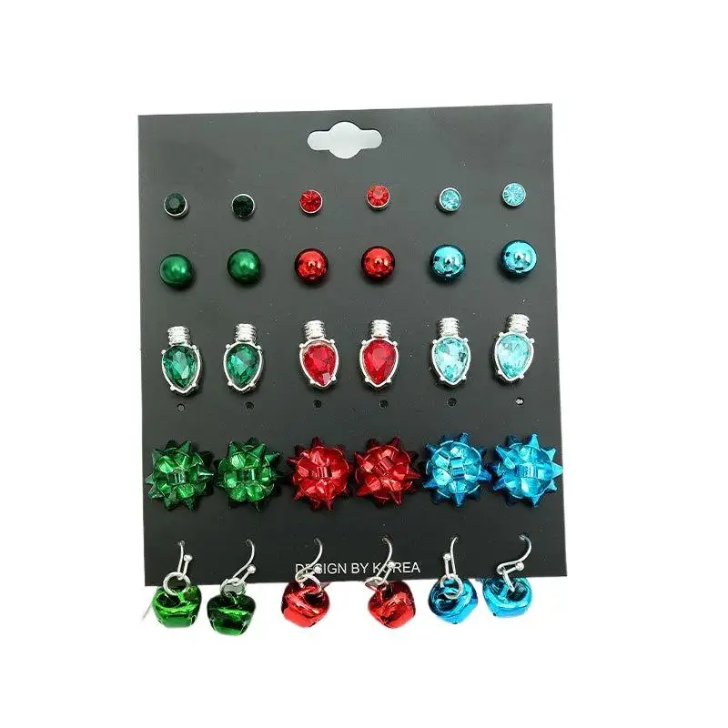 9/15 Pairs أقراط عيد الميلاد النسائية الموضة مع جرس حجر الراين وندفة الثلج تصاميم حفلة عطلة ارتداء هدية مجوهرات أنيقة #5