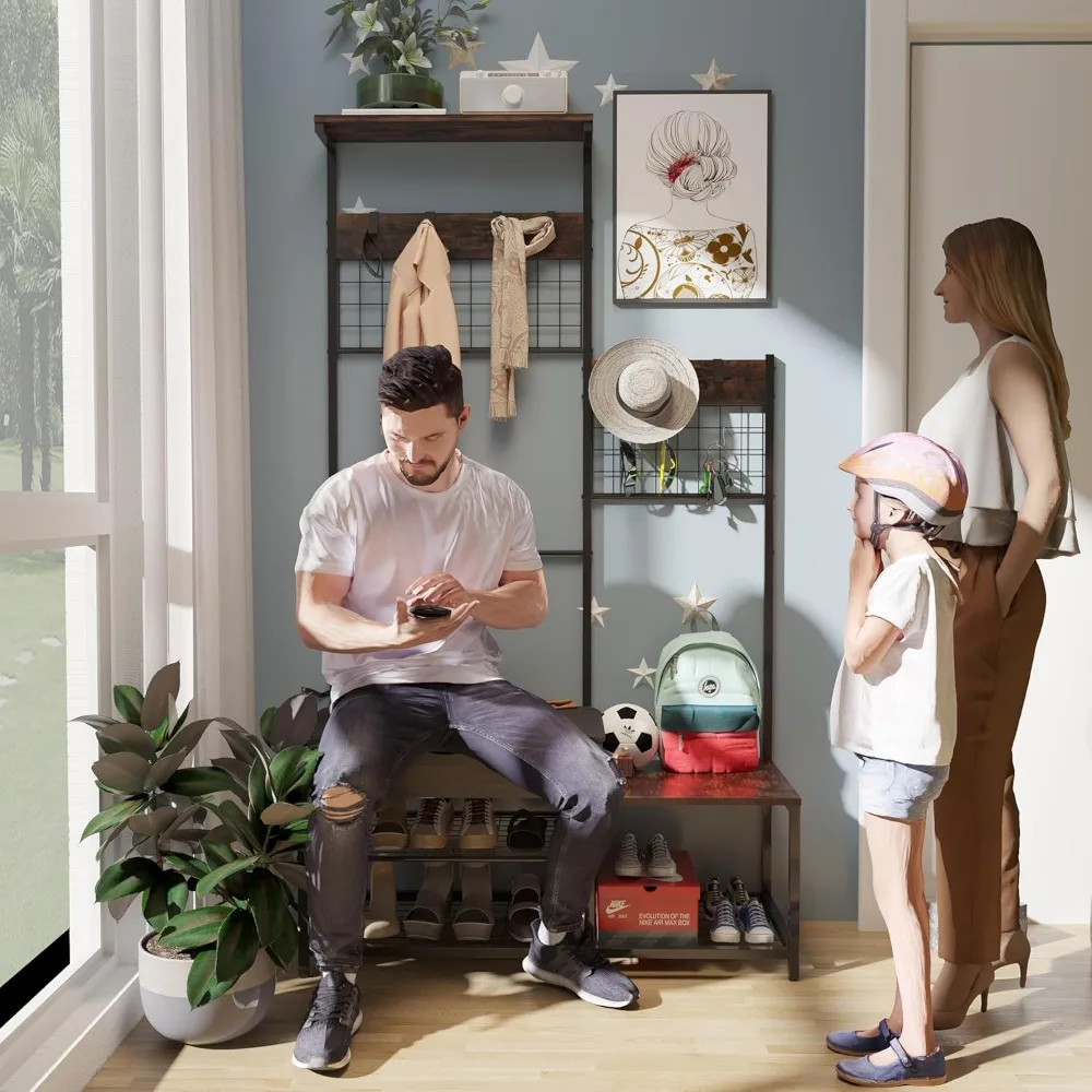 شجرة قاعة 4 في 1 على الطراز الصناعي مع درج تخزين، وسادة ناعمة، رف معطف، لمسة نهائية بنية عتيقة، أثاث المدخل لـ Fam