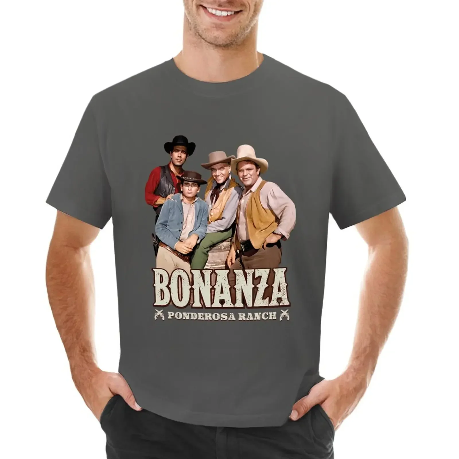 for men New fashion heavyweight vintage BONANZA / PONDEROSA RANCH graphic tees sports fans animal prinfor boys black t shirts image 6