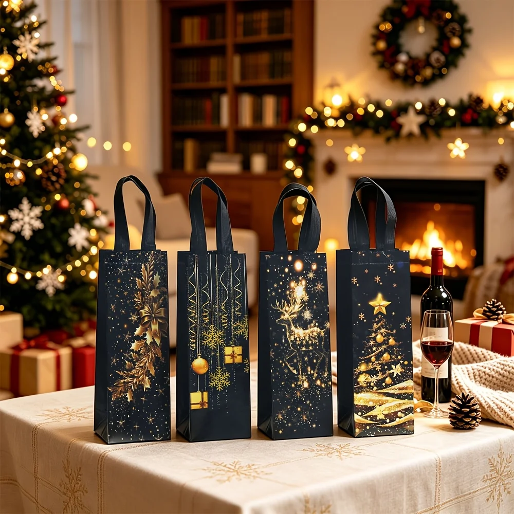 4 Pcs Christmas Wine Gift Bags, Black Golden Foil Single Bottle Wine Bags With Handles, Xmas Bottle Gift Wrapping Bags For Wine