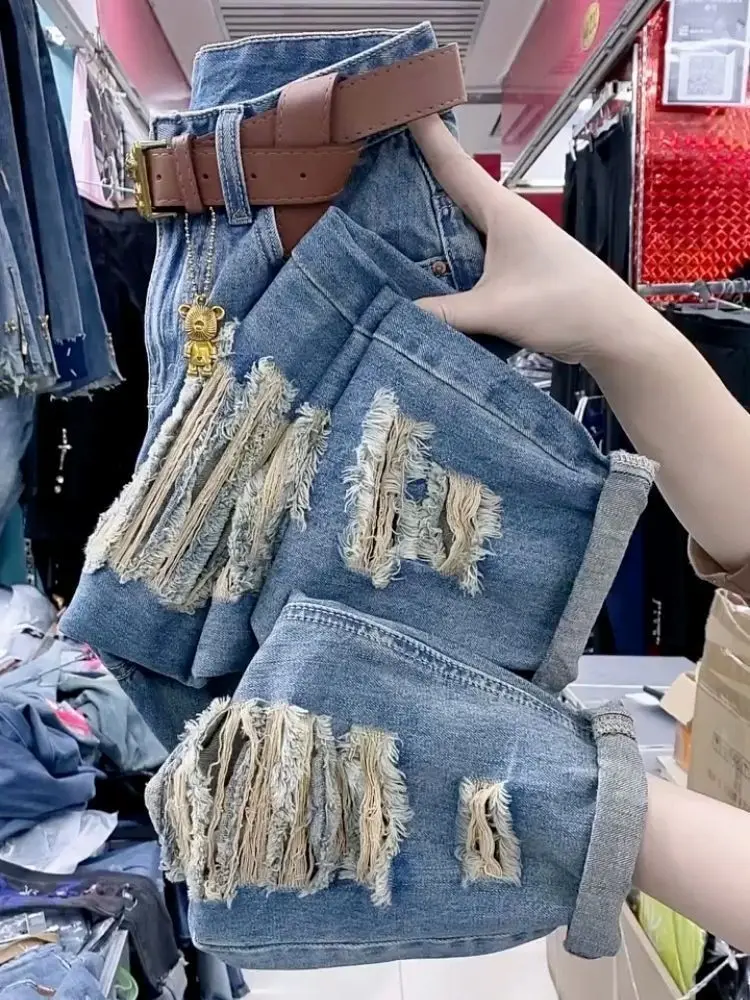 Summer Nine Cent Pants Trendy New Style Haren Pants Piercing Jeans Women's Straight Tube Versatile Show Thin Casual Pants M235