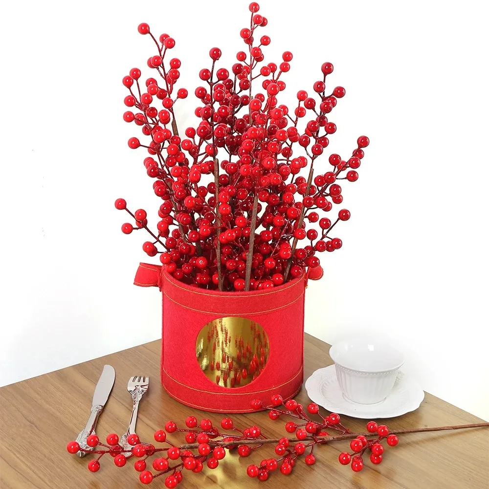 Bouquet di bacche rosse artificiali decorazione natalizia fiore finto per la decorazione domestica albero di natale Navidad capodanno 2024 ornamenti