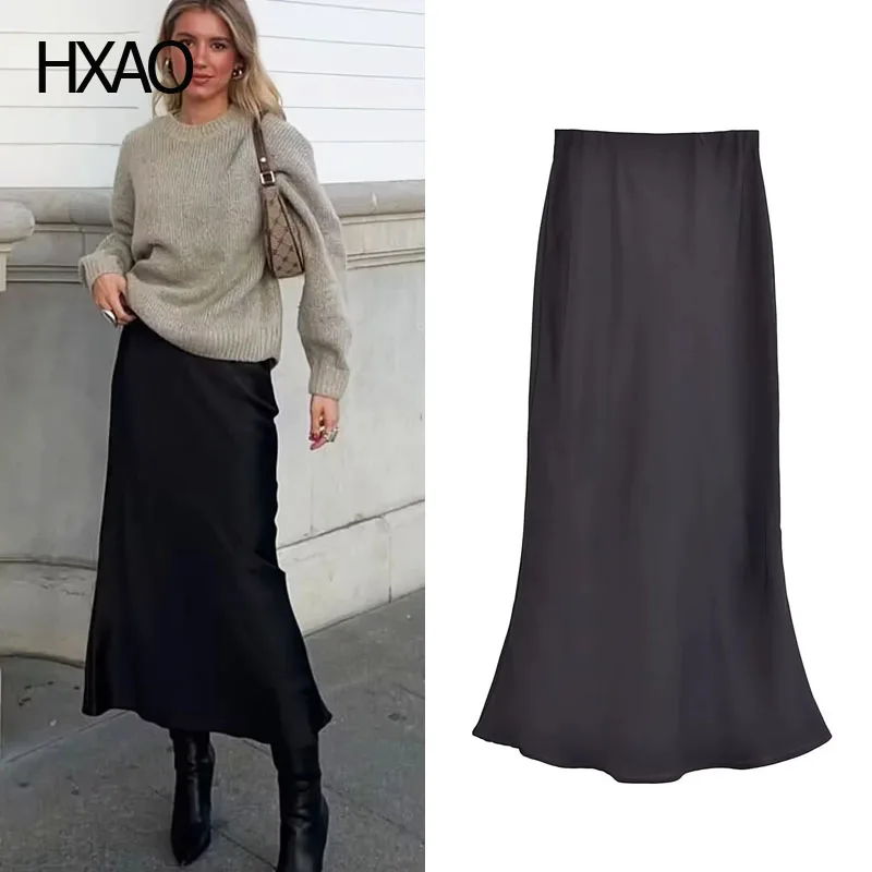 

HXAO Satin Skirts for Women Ruffle Mermaid Skirt Fashion Elastic Waist Midi Skirts Office Ladies Elegant Trumpet Silk Skirt