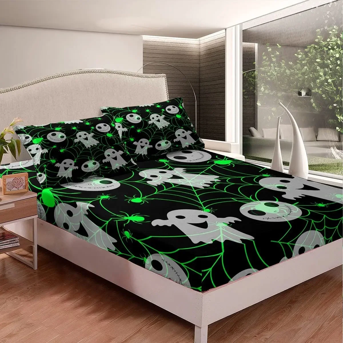 Halloween Themed Fitted Sheet Twin Queen Full Size Boys Girls Scary Spider Web Ghost Bedding Set Horror Green Spider Bed Sheet