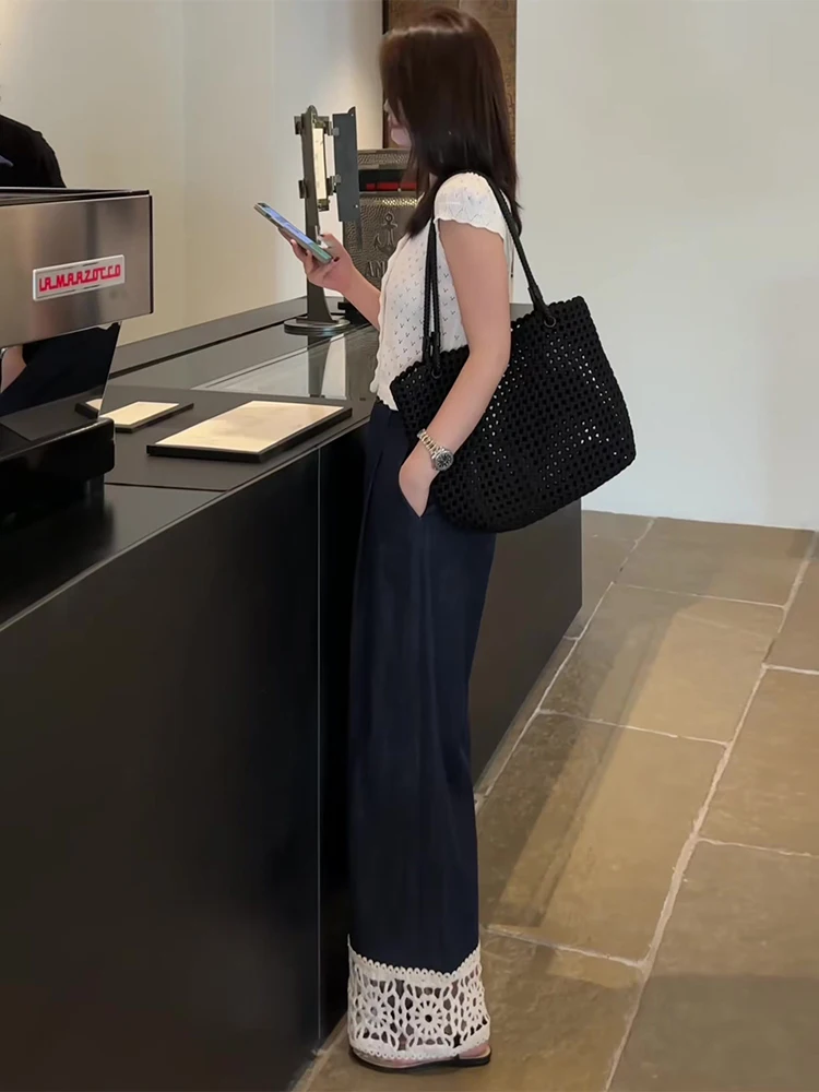 

Прямые джинсы с кружевным подолом, женские летние тонкие новые джинсы Sle 2025 с вырезом, повседневные джинсовые брюки с высокой талией, девять зубьев...