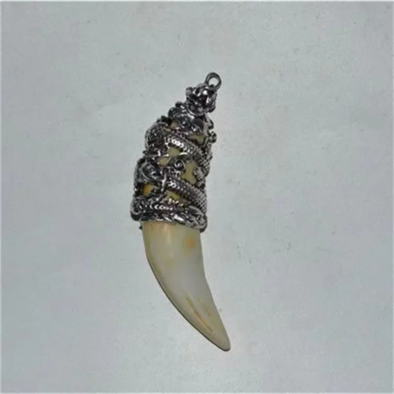 Jia Le/ Hand-made/Tibetan Silver Dragon Set Inlaid Imitation Big Cat Tooth Pig Tooth Pendant Necklace Fine Jewelry Couple Gift