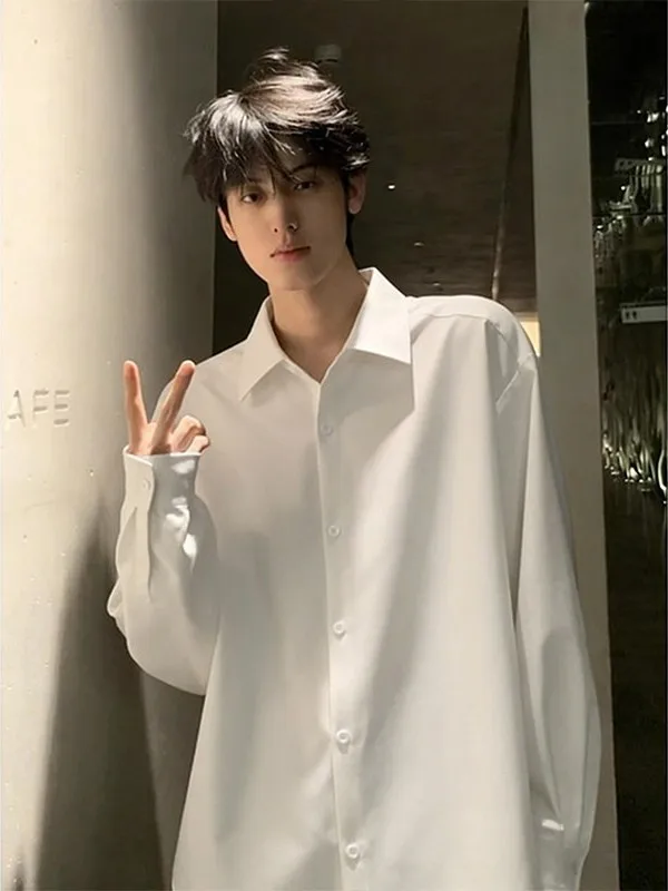 

Loose Fit Men's White Long Sve irt Casual Layering Inner Wear Spring Autumn College Sle Pure Color Polyester Fiber