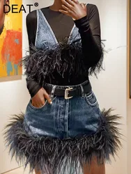 DEAT Trendy New Women's Spliced Feather Hem Denim Sling Vest Button Pocket High Waist Wrap Hip Skirt Female 2024 Autumn 11XX8125