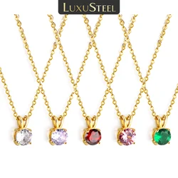 LUXUSTEEL Retro Colorful Round Crystal Pendant Necklace For Women Stainless Steel Rolo Chain Green White Red CZ