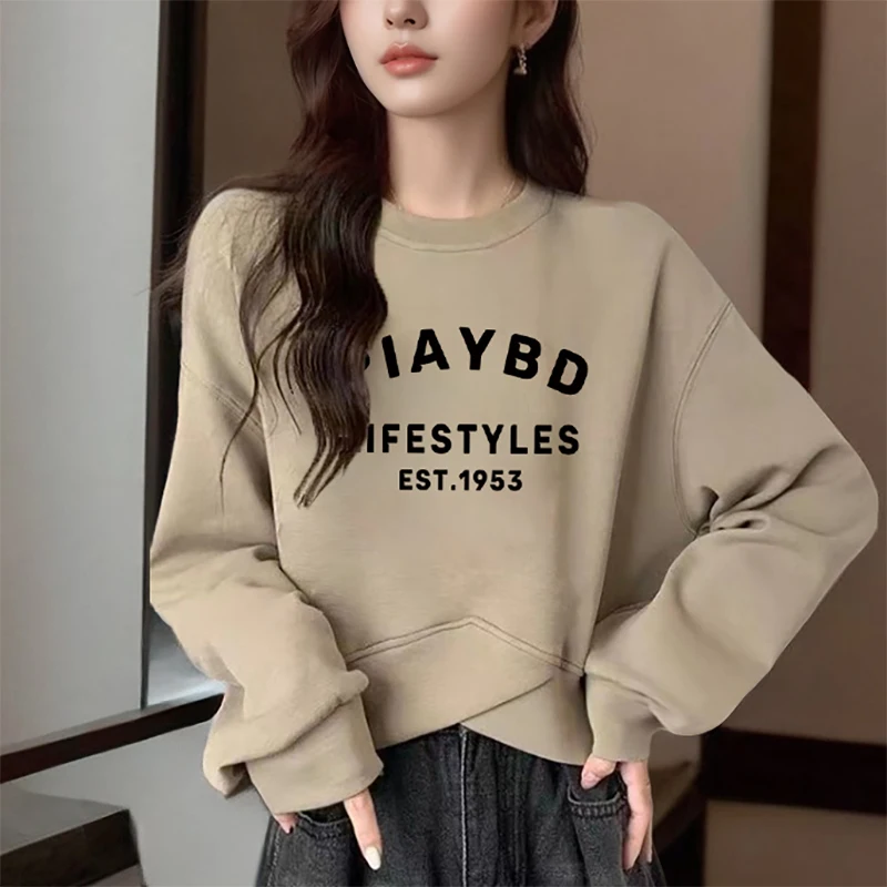 Fashion Printed Casual Asymmetrical Sweatshirts Female Clothing 2024 Spring Summer New Loose Korean Tops Irregular Sweatshirts