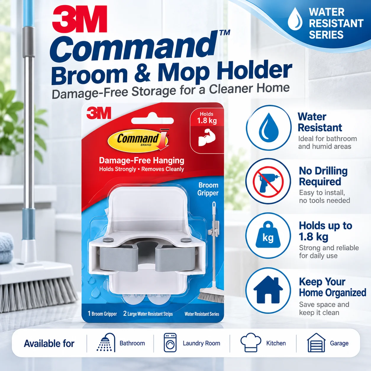 3M Command 17007B Broom Mop Holder Water Resistant No Drill Wall Gripper For Bathroom Laundry Cleaning Tools 1.8kg