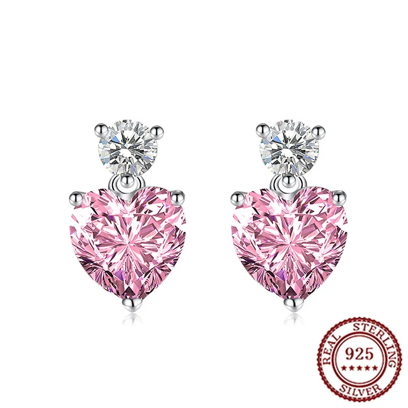 

925 Sterling Silver Temperament Fashionable New Style Pink Love Heart-shaped Colorful Diamond Earrings Jewelry Gift