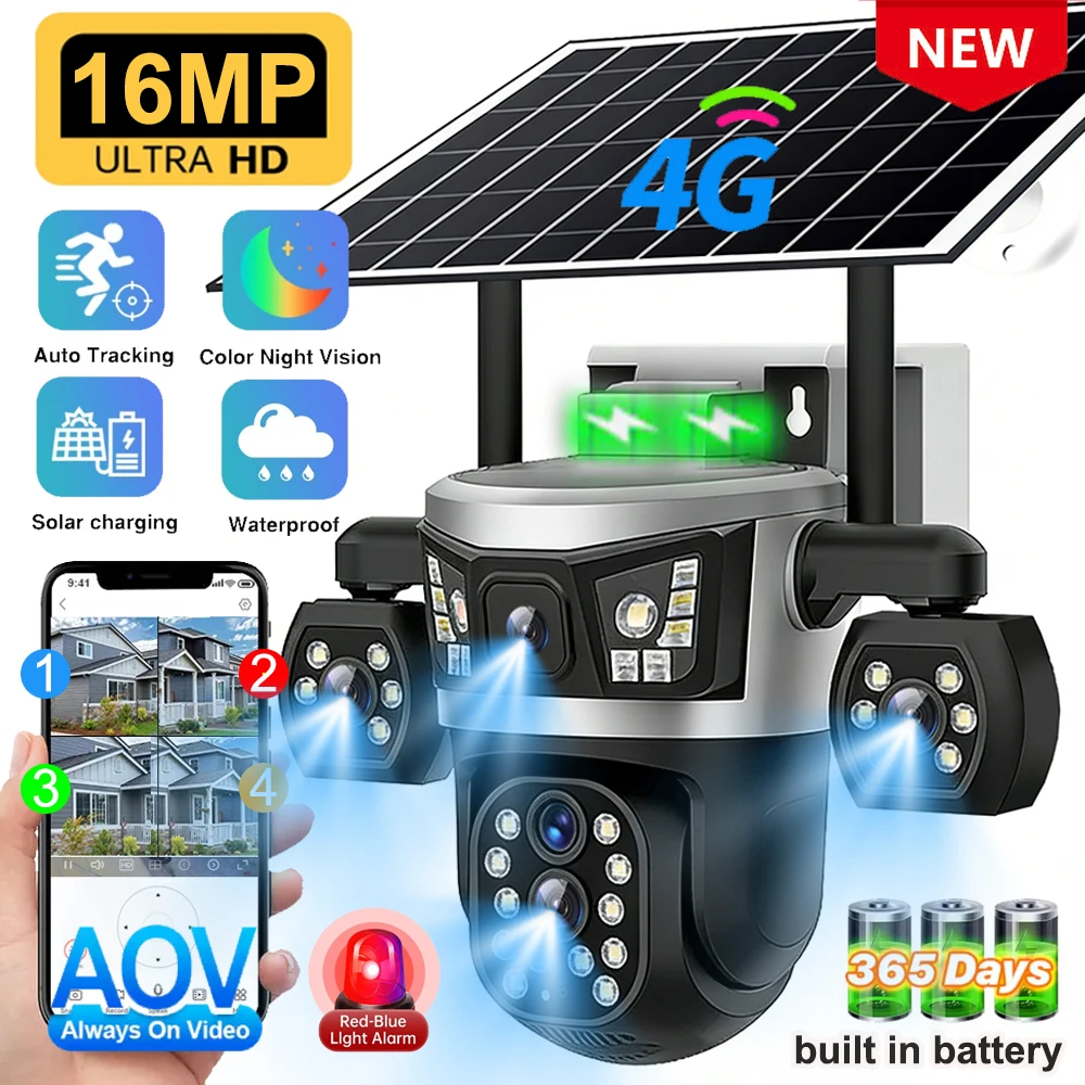16MP AOV Solar Power Camera Support 4G Sim Card Outdoor 4-Screens 4-Lens Waterproof Battery CCTV Monitor 24 Hours Recording V380