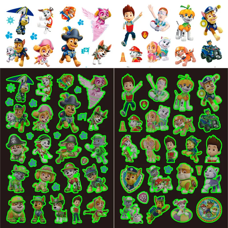 Cartoon Luminous Tattoo Sticker Paw Patrol Children Arm Face Glowing Tattoo Children Body Tattoo Ryder Marshall Rubble Sticker