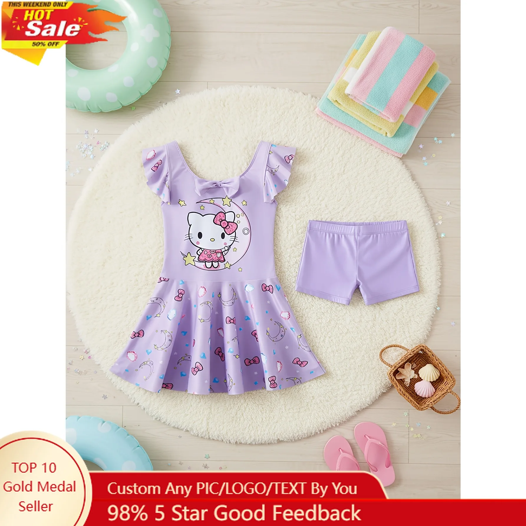 

Sanrio Hello Kitty Girls Swimwear Set with Shorts Cute Cartoon One-Piece Swim Dress Featuring Flutter Sleeves and Sweet Bow