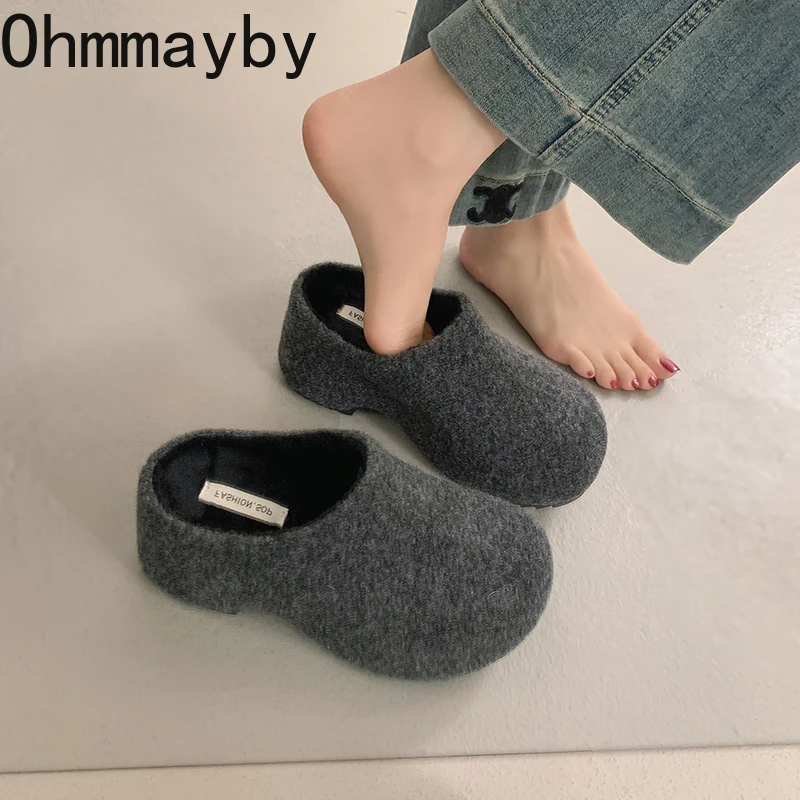 

New 2026 Spring Thick Sole Women Fleece-lined Mules Slippers Concise Height Increase Dress Slides Ladies Outdoor Slip On Shoes
