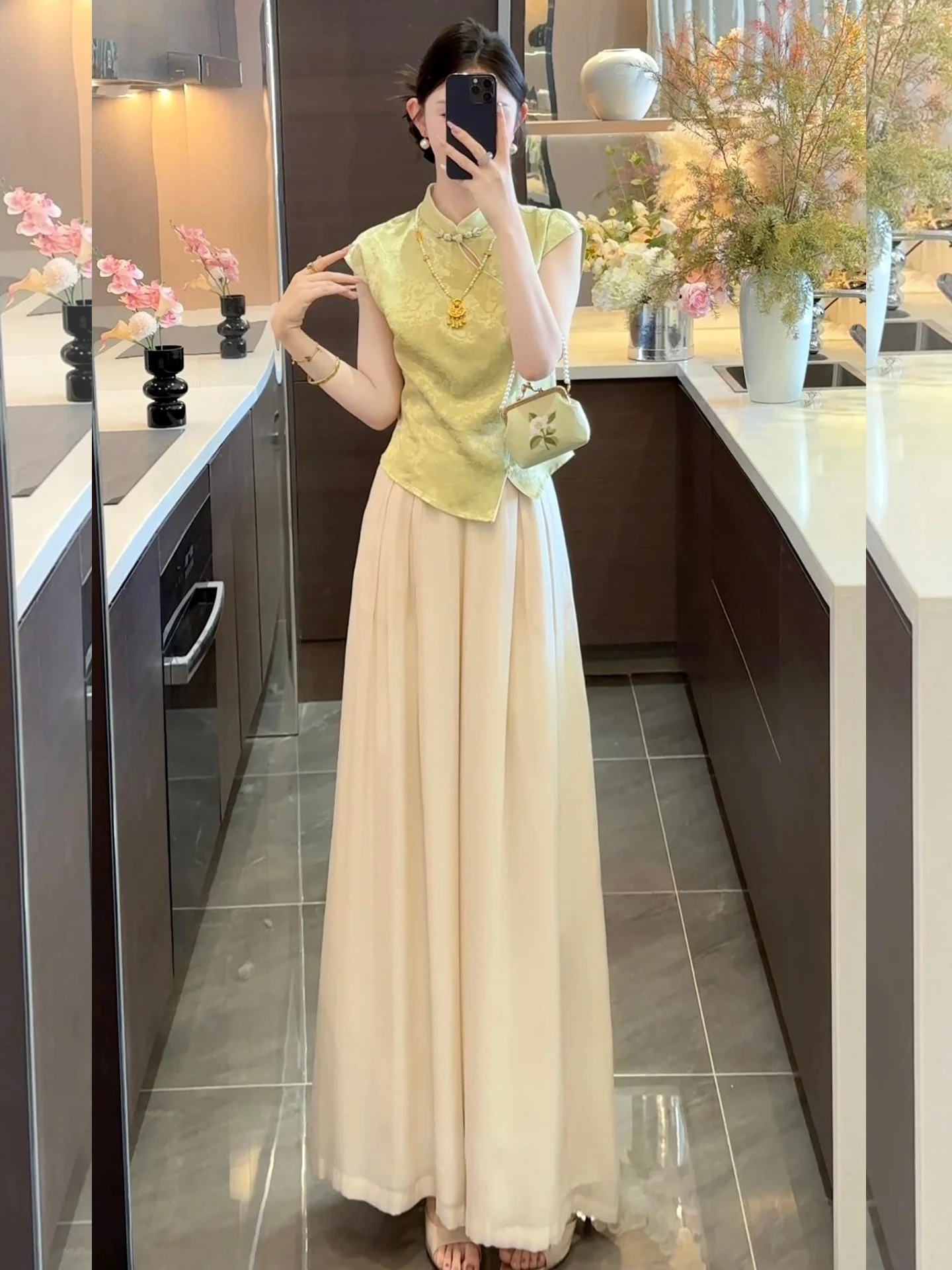 

Elegant Fashionable High-End Women's Summer 2026 Chinese Style National Trend Short Sleeve Top Wide Leg Pants Two-Piece Set