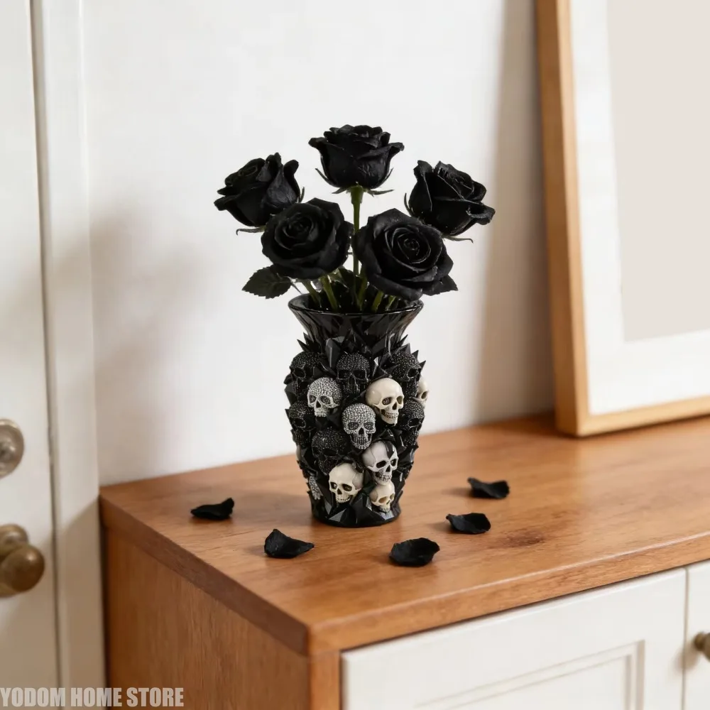Resin Gothic Skull Skeleton Flower Pot, Spooky Decorative Vase Ornament for Home Indoor Room Outdoor Garden Scene Display