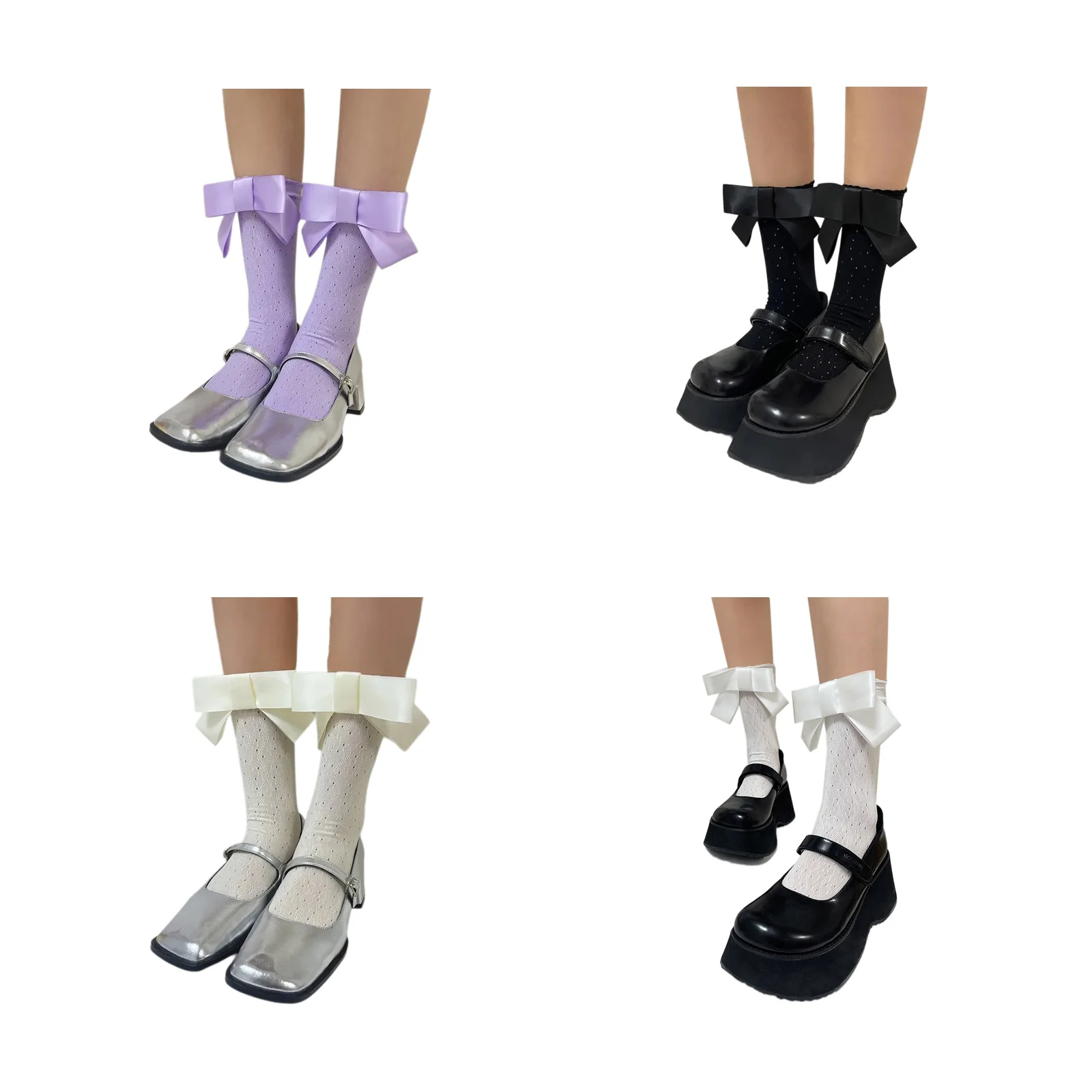 

Big winged bow lace girl mid-calf stockings four-color set (1 pair each of purple/black/apricot/white)