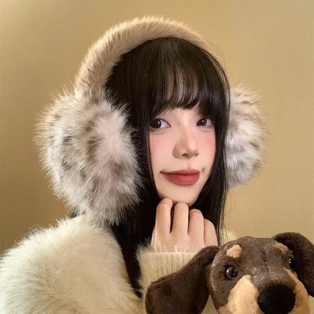 Orejeras de felpa de leopardo para niñas, calentadores de orejas de piel de zorro de imitación a prueba de viento, protector antiarrugas para las orejas de invierno