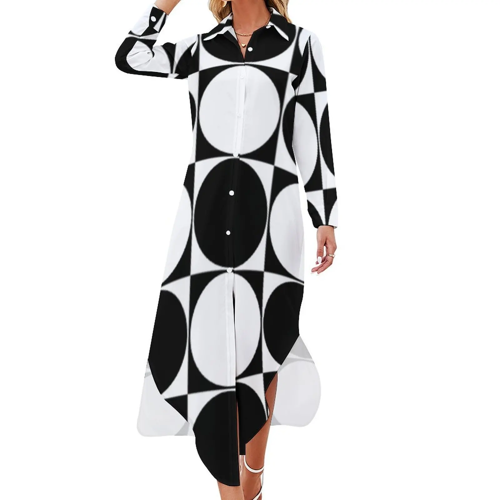 

Motif Circles BW Long Sleeved Shirt Dress women's elegant loose dresses summer dresses women 2024