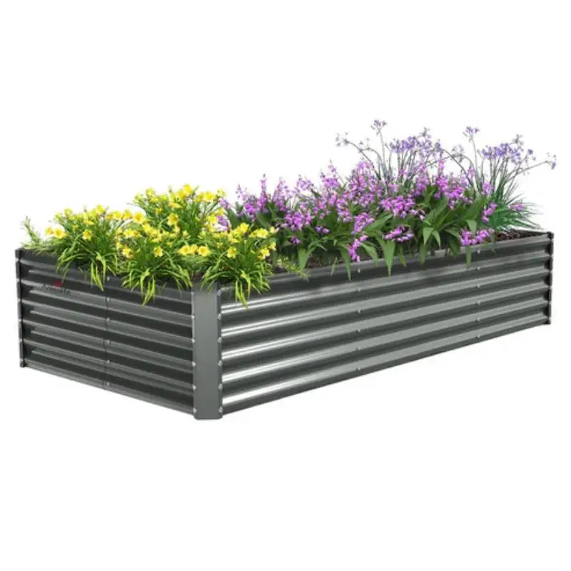 Grey Rectangular Metal Raised Garden Bed Set - Versatile, Sturdy Modular Design, Good for Urban Gardening Flowers and Vegetables