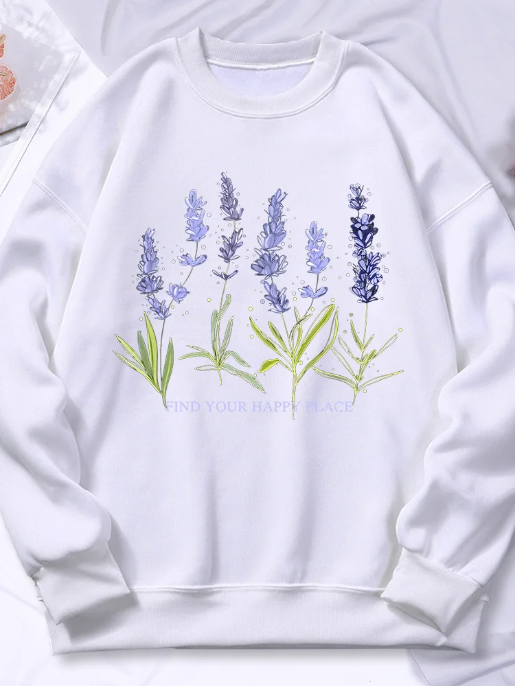 Sudadera con capucha con estampado de lavanda para mujer, ropa de calle de lana, cuello redondo, Hip Hop, gran tamaño, otoño