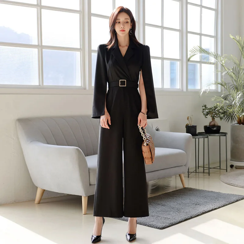 

Деловой повседневный комбинезон с широкими штанинами для женщин: элегантный стиль, воротник-стойка, драпировка, длинные брюки, эффект стройности, нейлоновая ткань