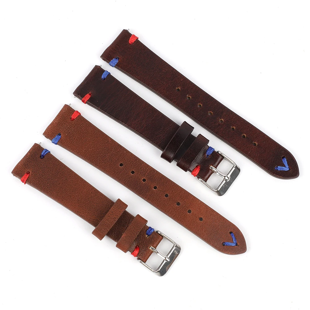 

Handmade Retro Genuine Leather Watch Band 20mm 22mm Red Blue Line Calfskin Watch Strap Bracelet for Men Watch Accessories