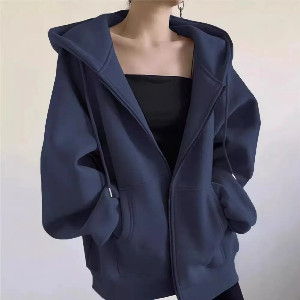 

Women's autumn and winter zipper top solid color cardigan jacket velvet retro lazy wind hooded loose top