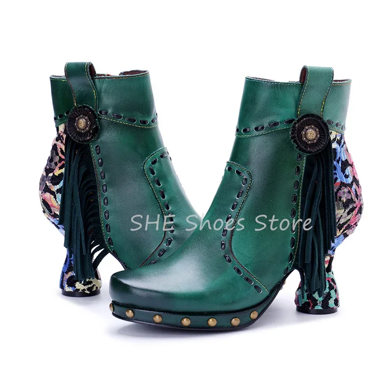 

Retro Tassel Sewing Mixed Color Women Chelsea Boots Handmade Embroidery Splicing Genuine Leather Ankle Boots Ladies Dress Shoes