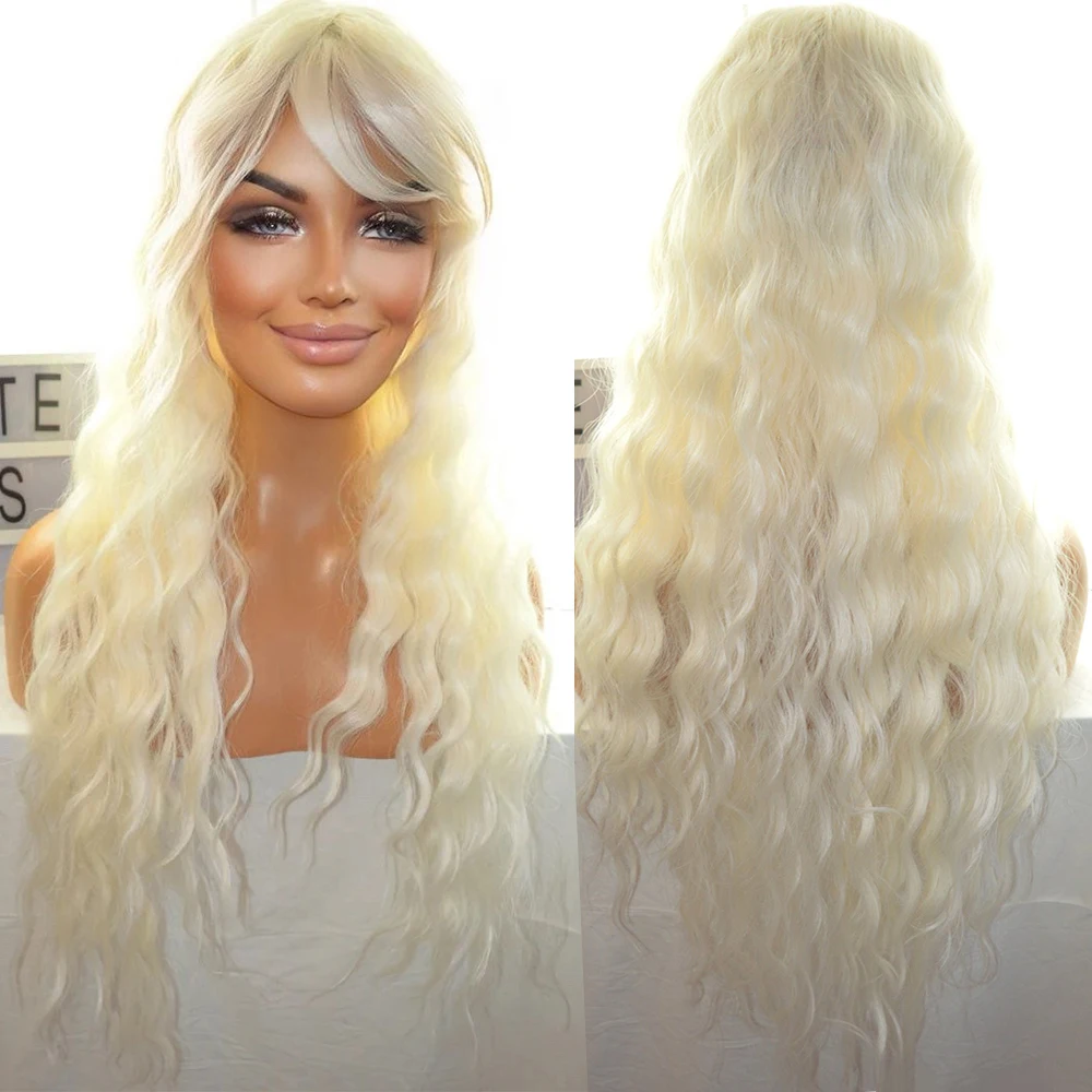 Wavy Curly Long 30 Inches Wig Fringe Bangs Center Part Ice Platinum Blonde Human Hair Blends Heat Friendly Synthetic Fibers