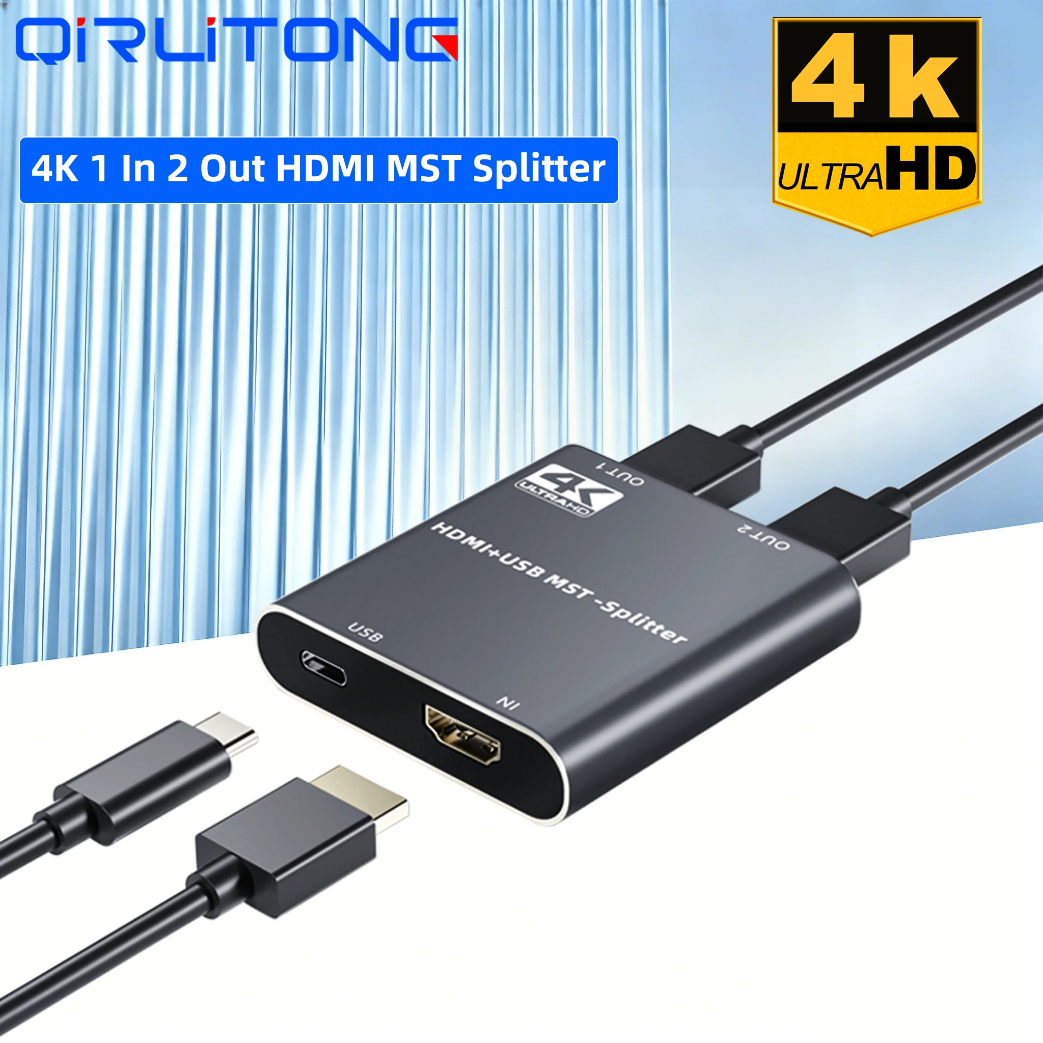 4K HDMI MST Bidirectional 1x2 Splitter 1 In 2 Out Dual Monitor Extend Duplicate Adapter USB 3.0 Powered Audio Video Sync