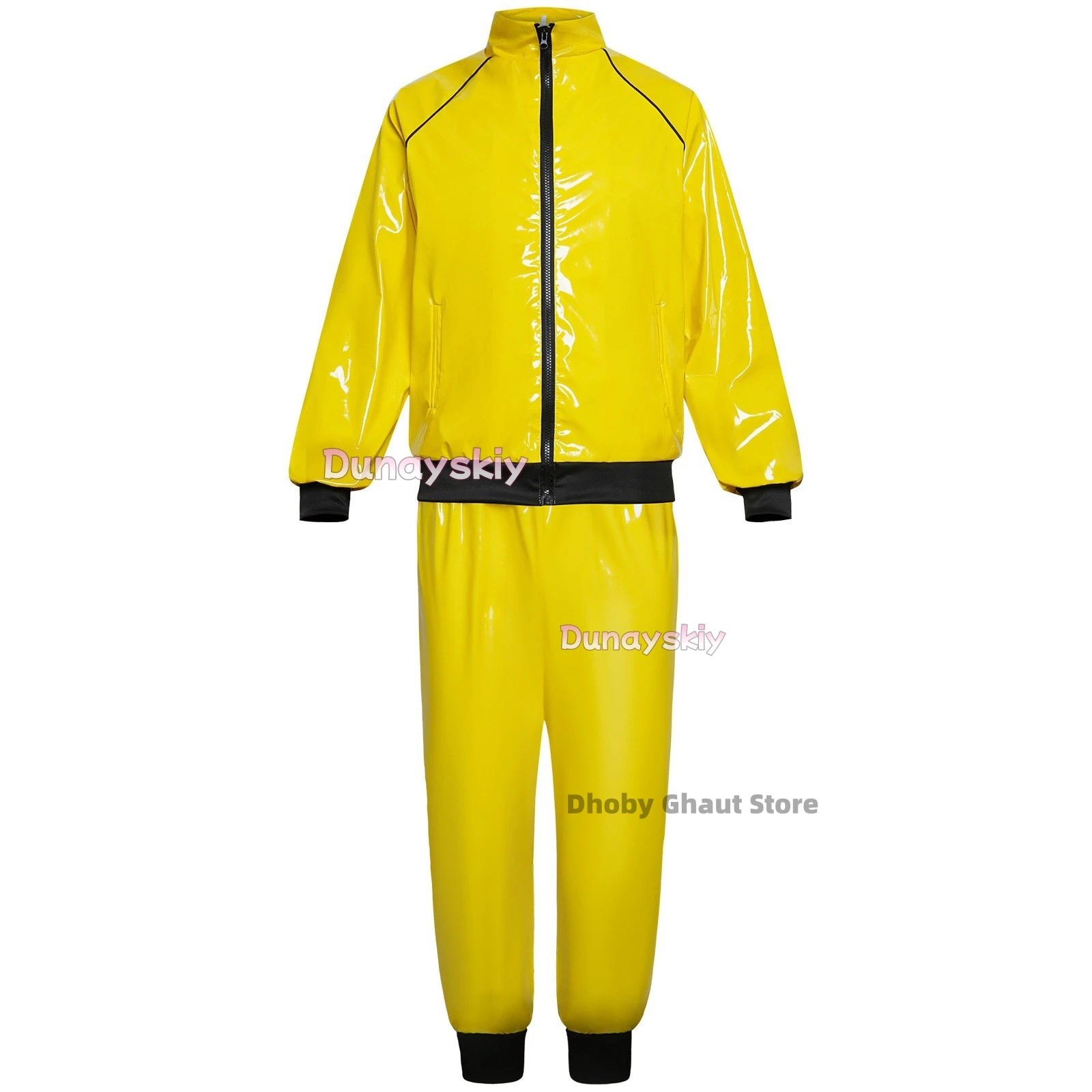 

Ретро-костюм в стиле диско 70-х: желтая глянцевая куртка и брюки из ПУ, одежда для хип-хоп шоу, косплей, повседневный костюм, наряд на Хэллоуин