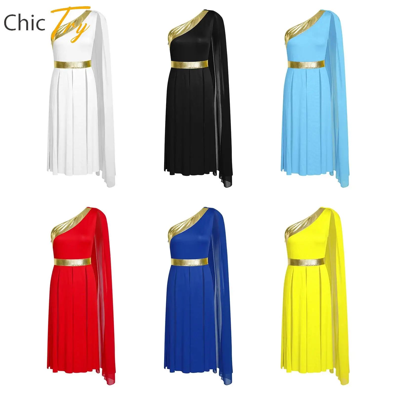 Lyrisches Anbetungskleid für Damen und Erwachsene, Lobpreis-Tanzkleid, eine Schulter mit drapiertem, ärmellosem Tunika-Kleid mit metallischem Schlitzsaum, Tanzkostüm