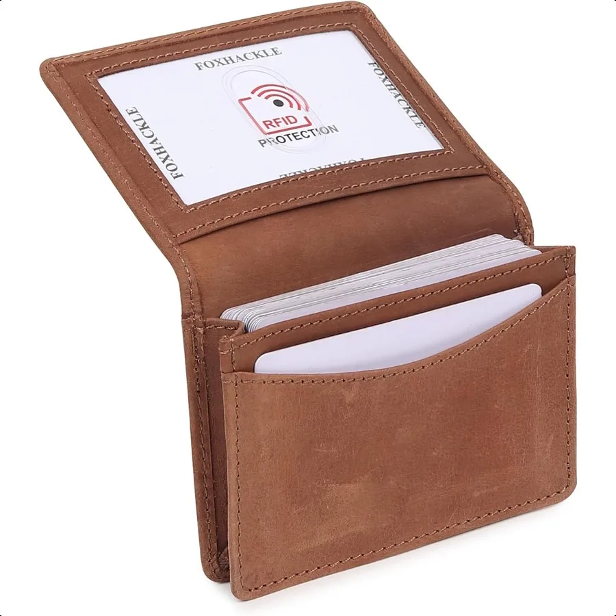 

HACKLE Leather Credit Card Holder For Men and Women Small RFID Blocking Bifold Wallet With ID Slot Hunter Tan
