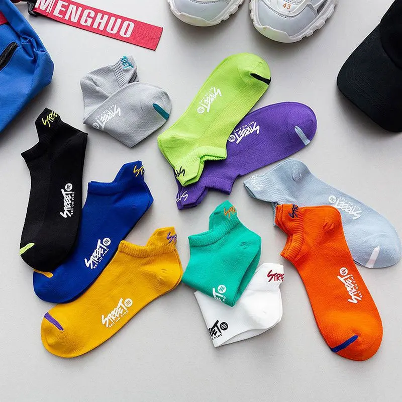 5 Pairs Bright Color Ankle No Show Socks Men Breathable Street Fashion Athletic Deodorant Invisible Travel Training Socks